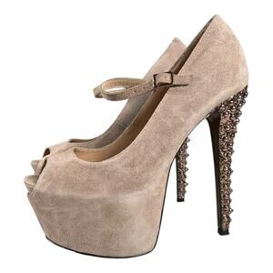 YK2 Betsey Johnson Nude Studded Peep Toe Mary Jane Stiletto Suede Heels Size 8